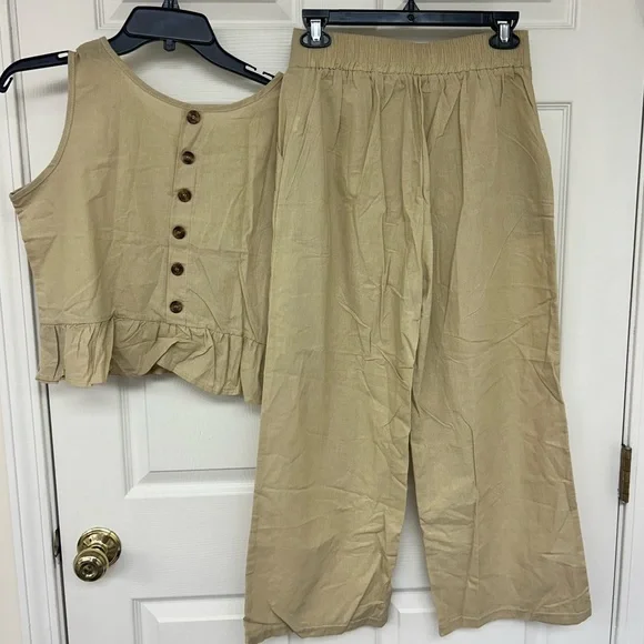Tan 2 piece Linen Vacation Set NWOT SIZE M - Picture 7 of 8